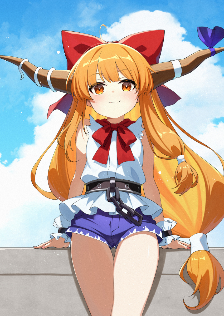 1girl ahoge bare_shoulders bow bowtie brown_horns chain closed_mouth commentary_request cowboy_shot day hair_bow highres horns ibuki_suika light_particles light_smile long_hair looking_at_viewer oeyama orange_eyes orange_hair outdoors partial_commentary purple_shorts red_bow red_bowtie shirt short_shorts shorts solo standing touhou very_long_hair white_shirt