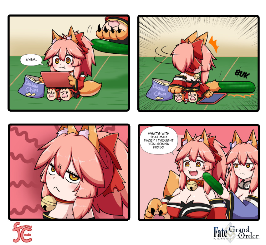3girls :&lt; angry animal_ear_fluff animal_ears animal_hands bare_shoulders bell blue_kimono blue_ribbon breasts cat_paws chips_(food) closed_mouth collar cucumber detached_sleeves eating english_text fangs fate/grand_order fate_(series) food fox_ears fox_girl fox_tail gloves highres japanese_clothes jingle_bell keita_naruzawa kimono large_breasts looking_at_another looking_back mini_person minigirl multiple_girls neck_bell open_mouth paw_gloves paw_shoes pink_hair ponytail red_kimono red_ribbon ribbon speech_bubble split_ponytail tablet_pc tail tamamo_(fate) tamamo_cat_(fate) tamamo_cat_(first_ascension)_(fate) tamamo_no_mae_(fate) vegetable yellow_eyes