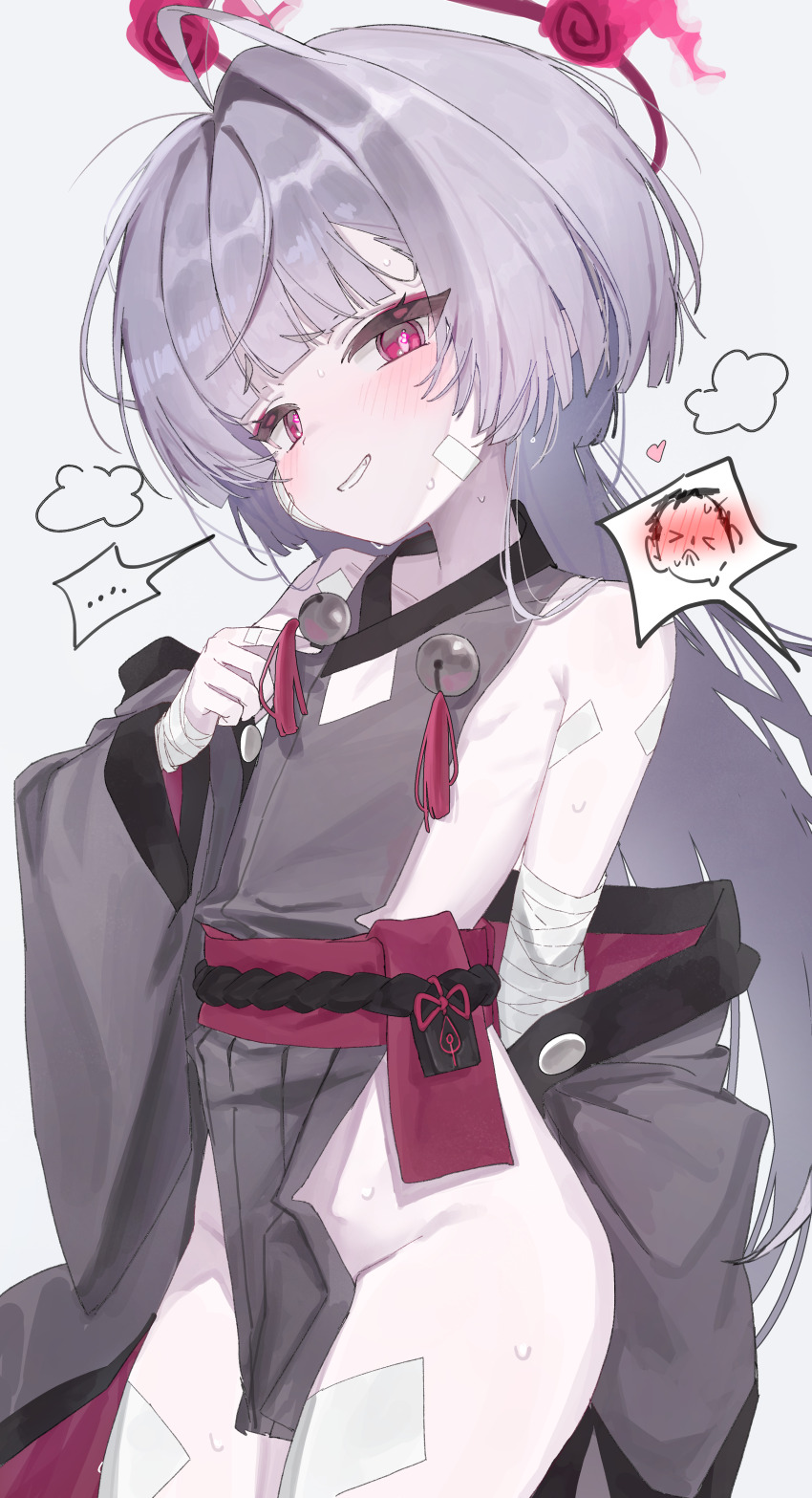 &gt;_&lt; ... 1girl absurdres ahoge arm_behind_back bandaged_arm bandages bandaid bandaid_on_face bandaid_on_shoulder bandaid_on_thigh bare_shoulders bell black_nails blue_archive blunt_bangs blush commentary cowboy_shot doodle_sensei_(blue_archive) fang flat_chest furrowed_brow gauze gauze_on_face gmx0317 grey_hair grey_kimono grin groin halo hand_up heart highres japanese_clothes jingle_bell kimono loli long_hair long_sleeves looking_at_viewer nail_polish naked_kimono naughty_face nose_blush red_eyes red_halo red_sash sash sensei_(blue_archive) shuro_(blue_archive) sideless_kimono simple_background single_hair_intake smile solo speech_bubble spoken_character spoken_ellipsis sweat thick_eyebrows tsurime very_long_hair white_background wide_sleeves