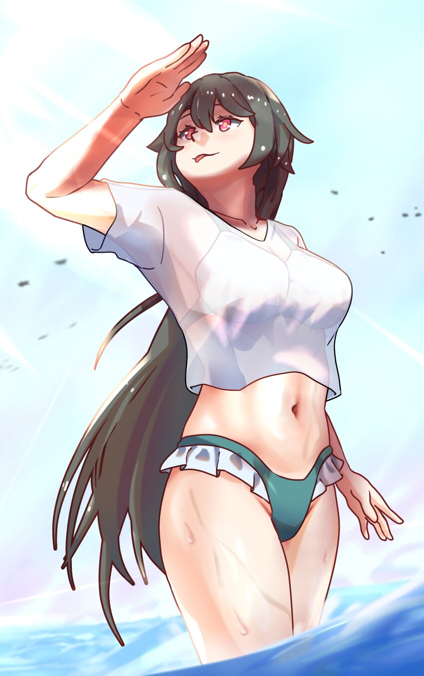 1girl absurdres alternate_costume bikini bikini_top_under_shirt blue_sky breasts commentary english_commentary green_bikini grey_hair highres honkai_(series) honkai_impact_3rd large_breasts long_hair navel outdoors purple_eyes shirt sky solo swimsuit thatwasjack tongue tongue_out very_long_hair vita_(honkai_impact) wading wet white_shirt