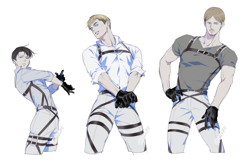 3boys 44ge5 belt belt_buckle black_belt black_gloves blonde_hair blue_eyes brown_eyes brown_hair buckle chest_harness closed_mouth collared_shirt commentary_request cropped_legs curtained_hair erwin_smith facial_hair frown gloves goatee grey_shirt hand_on_own_hip harness highres korean_commentary leg_belt levi_(shingeki_no_kyojin) looking_ahead looking_at_viewer male_focus mike_zakarius multicolored_hair multiple_boys mustache open_collar pants parted_bangs parted_lips shingeki_no_kyojin shirt shirt_tucked_in short_hair short_sleeves side-by-side sideburns simple_background sleeve_cuffs solo teeth thigh_belt thigh_strap twitter_username two-tone_hair white_background white_pants white_shirt wing_collar