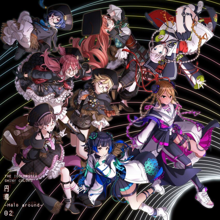 black_hat book curly_hair earrings glasses hat highres houkago_climax_girls_(idolmaster) idolmaster idolmaster_shiny_colors jewelry long_hair multiple_girls nail_polish official_art paper red_hair straylight_(idolmaster)