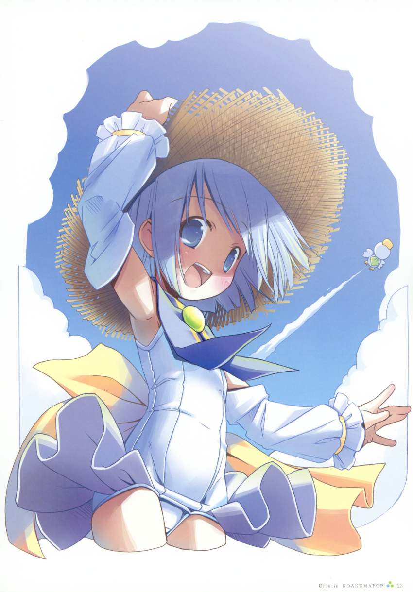 00s 1girl absurdres blue_eyes blue_hair detached_sleeves female_focus hat highres image_sample matching_hair/eyes moetan one-piece_swimsuit pastel_ink pop school_swimsuit short_hair solo straw_hat swimsuit swimsuit_costume white_one-piece_swimsuit white_school_swimsuit
