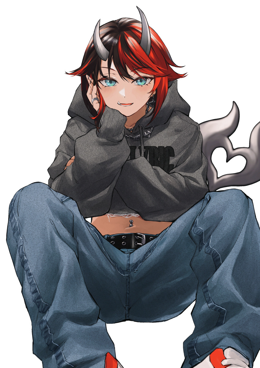 1girl absurdres alternate_costume belt black_belt black_hair blue_eyes blue_pants blush commentary_request cropped_hoodie demon_girl demon_horns demon_tail denim duplicate ear_piercing earrings feet_out_of_frame gin_(tttetu123) grey_hoodie hand_on_own_cheek hand_on_own_face highres hood hood_down hoodie horns jeans jewelry long_sleeves looking_at_viewer midriff multicolored_hair nanashi_inc. navel navel_piercing open_mouth pants piercing pointy_ears red_hair red_shoes ring ryugasaki_rene shoes short_hair simple_background smile sneakers solo sugar_lyric tail transparent_background two-tone_hair virtual_youtuber