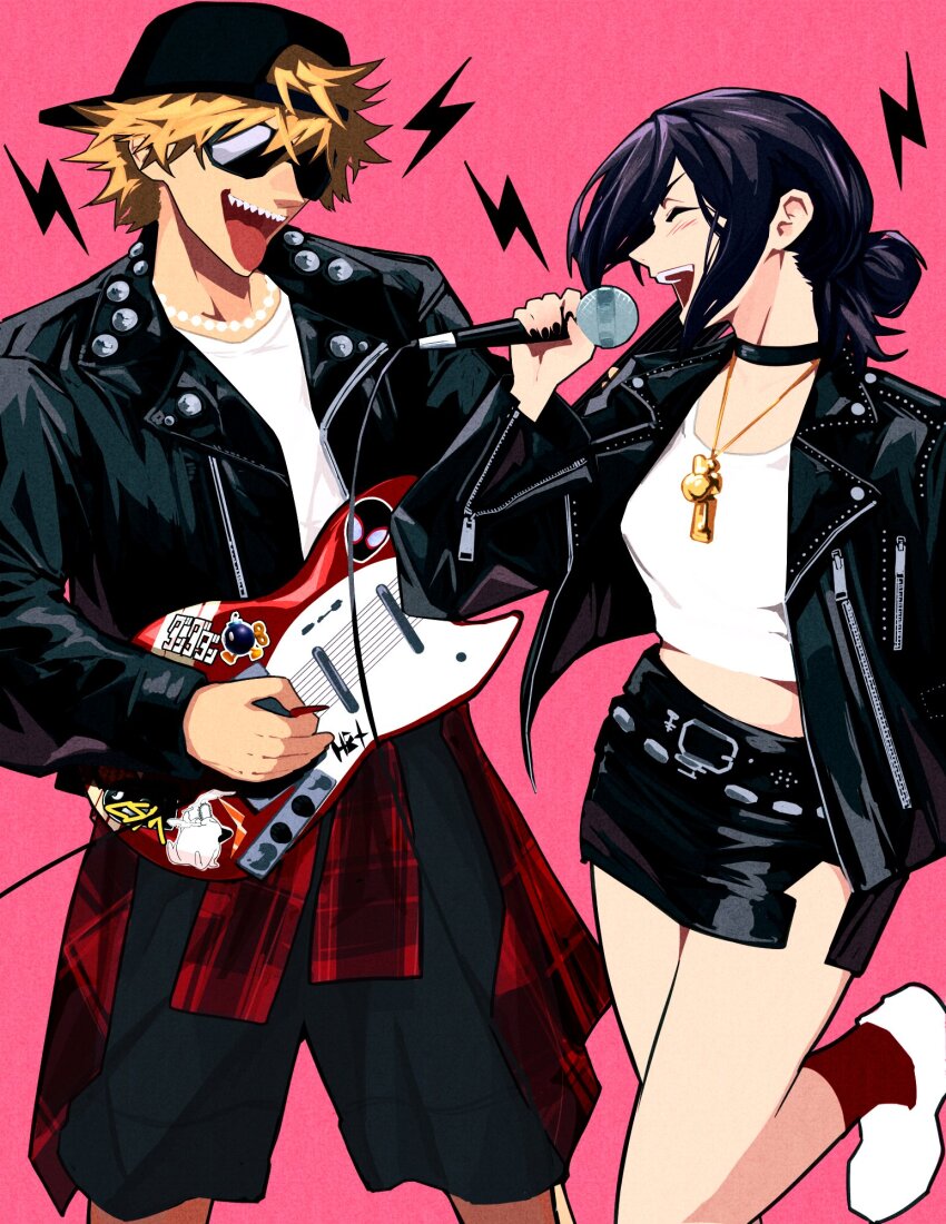 1boy 1girl apt._(rose_&amp;_bruno_mars) baseball_cap black_choker black_hat black_jacket black_shorts black_skirt blonde_hair bob-omb bullet_bill choker denji_(chainsaw_man) electric_guitar gold_necklace guitar hair_bun hat heartbreak_juan highres holding holding_plectrum instrument jacket jewelry leather leather_jacket lightning_bolt_symbol mario_(series) marvel miles_morales music necklace nintendo open_mouth plectrum pochita_(chainsaw_man) purple_hair red_socks reze_(chainsaw_man) sharp_teeth shirt shorts singing single_hair_bun skirt socks spider-man_(series) spider-verse sunglasses teeth tongue tongue_out white_shirt