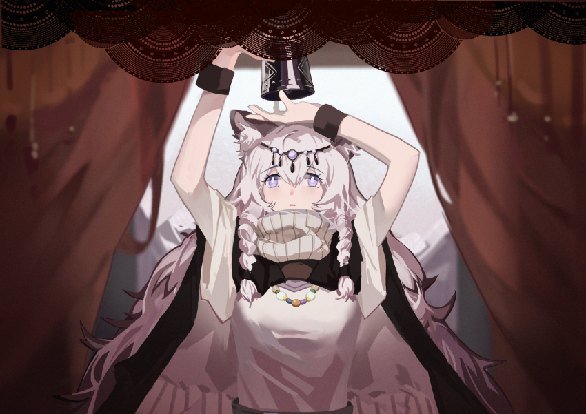 1girl absurdres animal_ear_fluff animal_ears arknights bad_id bad_pixiv_id bell braid chinese_commentary commentary_request cuffs curtains female_focus grey_eyes hair_between_eyes hako_(misheyes) highres huge_filesize jewelry leopard_ears long_hair looking_up necklace pramanix_(arknights) side_braids sidelocks solo turtleneck twin_braids very_long_hair white_hair
