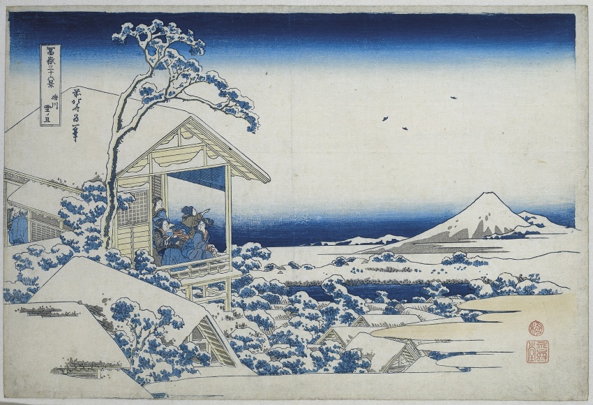 19th_century 1boy 4girls bald bird blue_sky cloud facing_away fine_art_parody gradient_sky highres hokusai japan japanese_clothes japanese_house japanese_text kimono landscape looking_at_another mount_fuji mountain multiple_girls nihonga original outdoors parody pointing rooftop scenery sky snow snow_on_roof thirty-six_views_of_mount_fuji traditional_media tree ukiyo-e volcano water