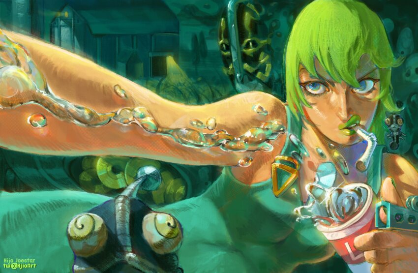 1girl artist_name bare_shoulders ben-day_dots blue_eyes commentary drinking_straw english_commentary foo_fighters_(jojo) foo_fighters_(stand) green_hair green_lips green_nails green_overalls highres hijo_joestar jojo_no_kimyou_na_bouken overalls screentones short_hair stand_(jojo) stone_ocean twitter_username water water_drop