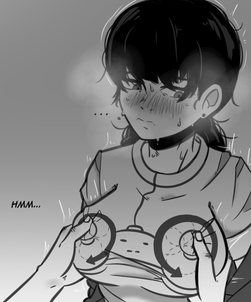 1girl absurdres black_hair blush breasts chainsaw_man controller disembodied_hand game_controller grabbing_another&#039;s_breast groping highres mitaka_asa monochrome print_shirt shir0zzz shirt simple_background steam sweat t-shirt