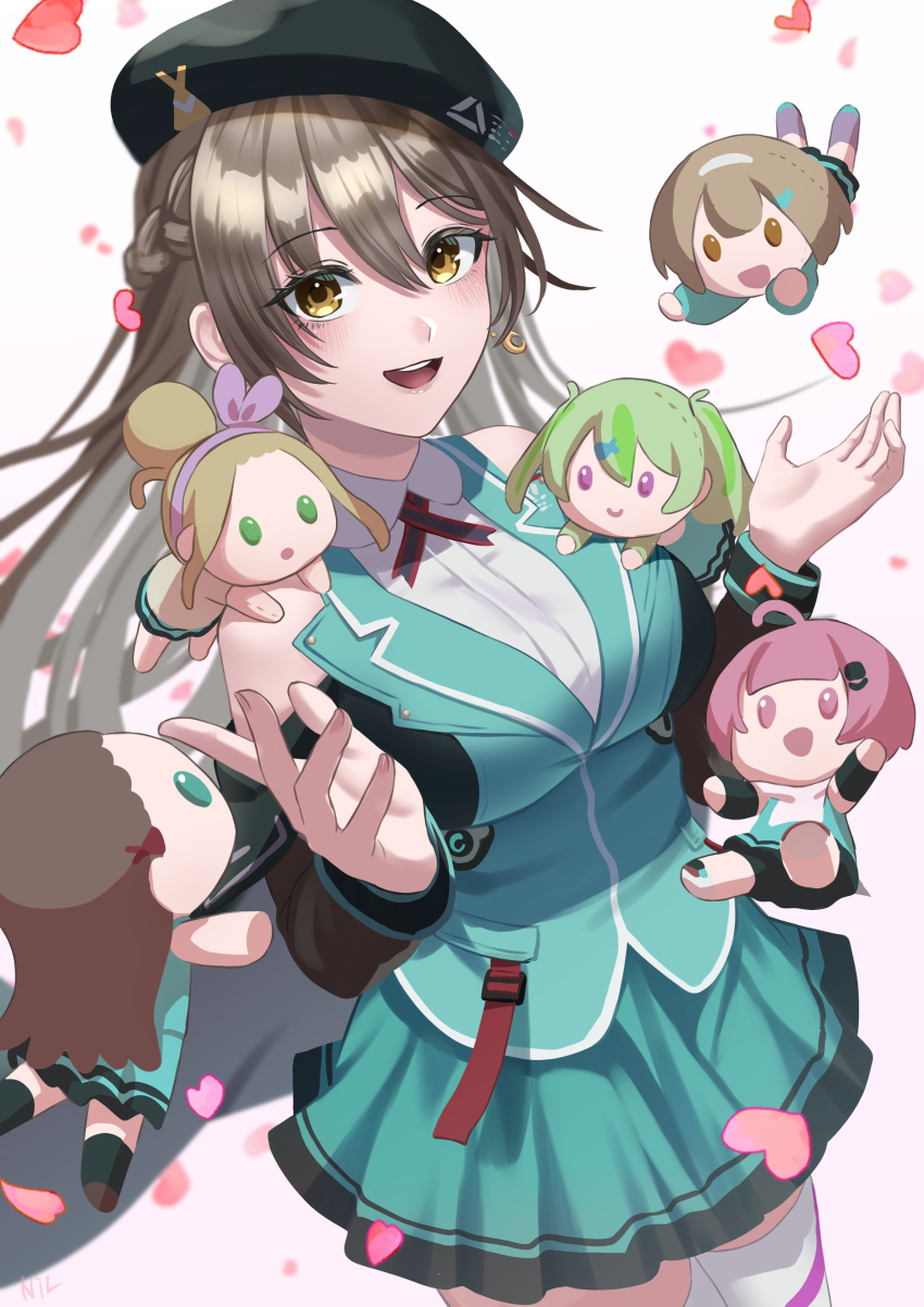 1girl absurdres beret braid breasts brown_hair character_doll crescent crescent_earrings earrings half_up_braid hat heaven_burns_red highres jewelry large_breasts long_hair nil_(pixiv_53614557) ooshima_ichiko ooshima_isuzu ooshima_minori ooshima_muua ooshima_niina ooshima_yotsuha shirt skirt solo team_31e_(heaven_burns_red) vest white_shirt yellow_eyes