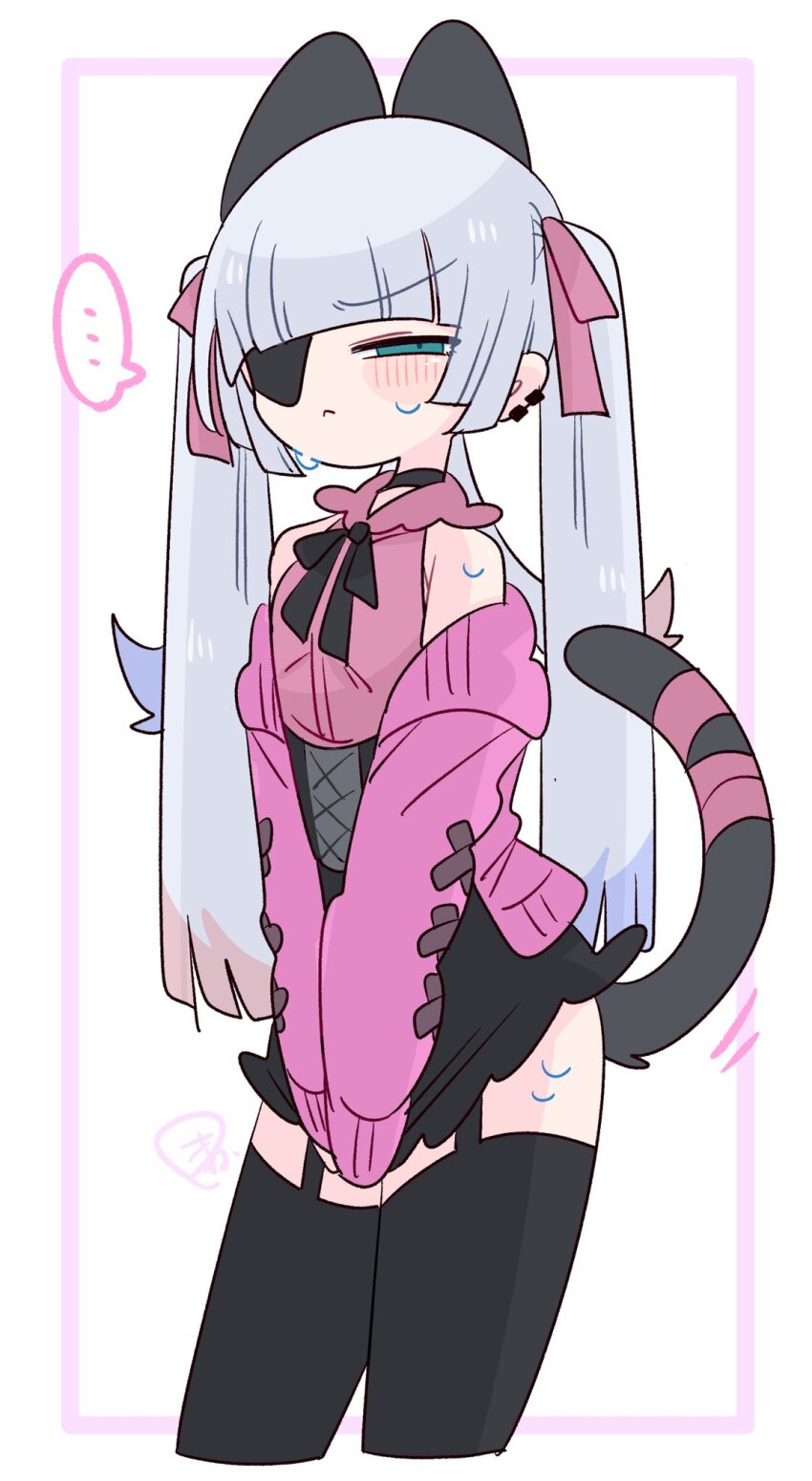 ... 1boy animal_ears armpit_crease bare_shoulders black_choker black_corset black_skirt black_thighhighs blue_eyes blue_hair blunt_bangs blush bow cardigan cat_boy cat_ears cat_tail choker closed_mouth clothes_grab collared_shirt colored_tips commentary corset covering_crotch covering_privates cowboy_shot crossdressing crossdressing_(mtf) earclip extra_ears eyepatch flipped_hair frilled_shirt_collar frills frown furrowed_brow garter_straps grey_tail hair_bow highres jirai_kei long_hair long_sleeves looking_at_viewer male_focus miniskirt multicolored_hair narrowed_eyes no_nose off_shoulder one_eye_covered op_na_yarou open_cardigan open_clothes original pink_bow pink_cardigan pink_ribbon pink_shirt quad_tails red_hair ribbon rigel_(op_na_yarou) shirt sidelocks simple_background skirt sleeveless sleeveless_shirt sleeves_past_fingers sleeves_past_wrists solo speech_bubble spoken_ellipsis standing straight_hair sweat tail tail_ornament tail_ribbon thighhighs thighs trap v_arms very_long_hair watermark white_background white_hair