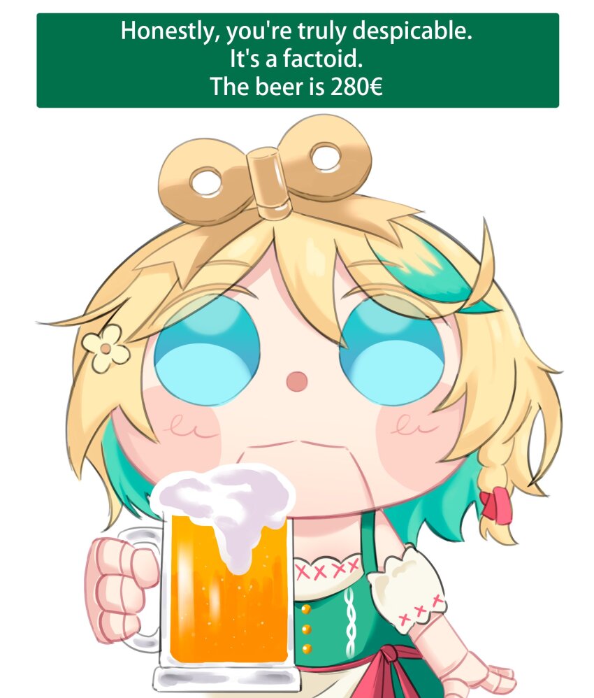 1girl alcohol arvarosart barmaid beer beer_mug blonde_hair blue_eyes blue_hair cecilia_immergreen colored_inner_hair commentary cup doll_joints dress english_commentary english_text green_dress highres holding holding_cup hololive hololive_english joints looking_at_viewer mug multicolored_hair solo virtual_youtuber winding_key