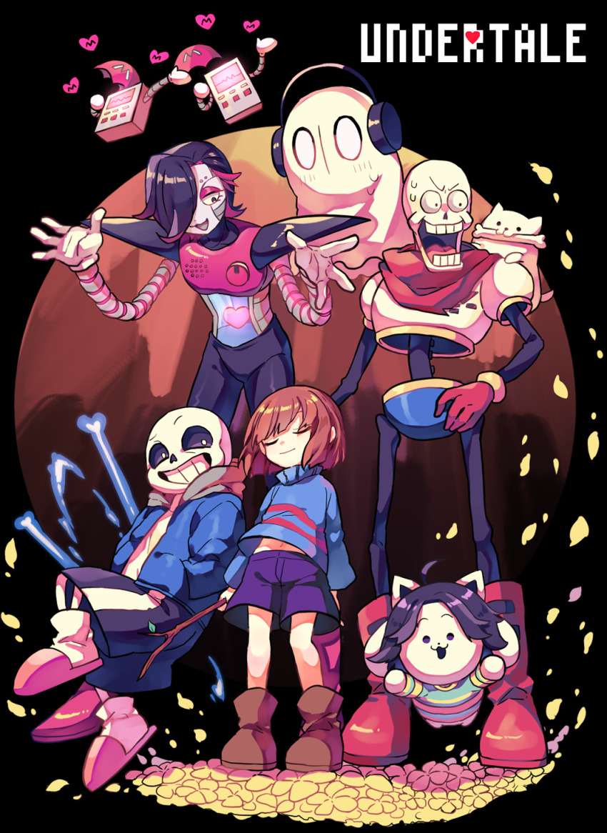 1other 3boys :3 angry annoying_dog black_background black_eyes blank_eyes blue_jacket blue_sweater bone brown_footwear brown_hair closed_eyes closed_mouth copyright_name frisk_(undertale) full_body grin hair_over_one_eye headphones highres holding holding_stick hood hooded_jacket jacket mettaton mettaton_ex midriff_peek mouth_hold multiple_boys nagatsukiariake napstablook open_mouth papyrus_(undertale) petals pink_slippers red_footwear sans_(undertale) short_hair skeleton slippers smile solid_circle_eyes stick sweater temmie undertale