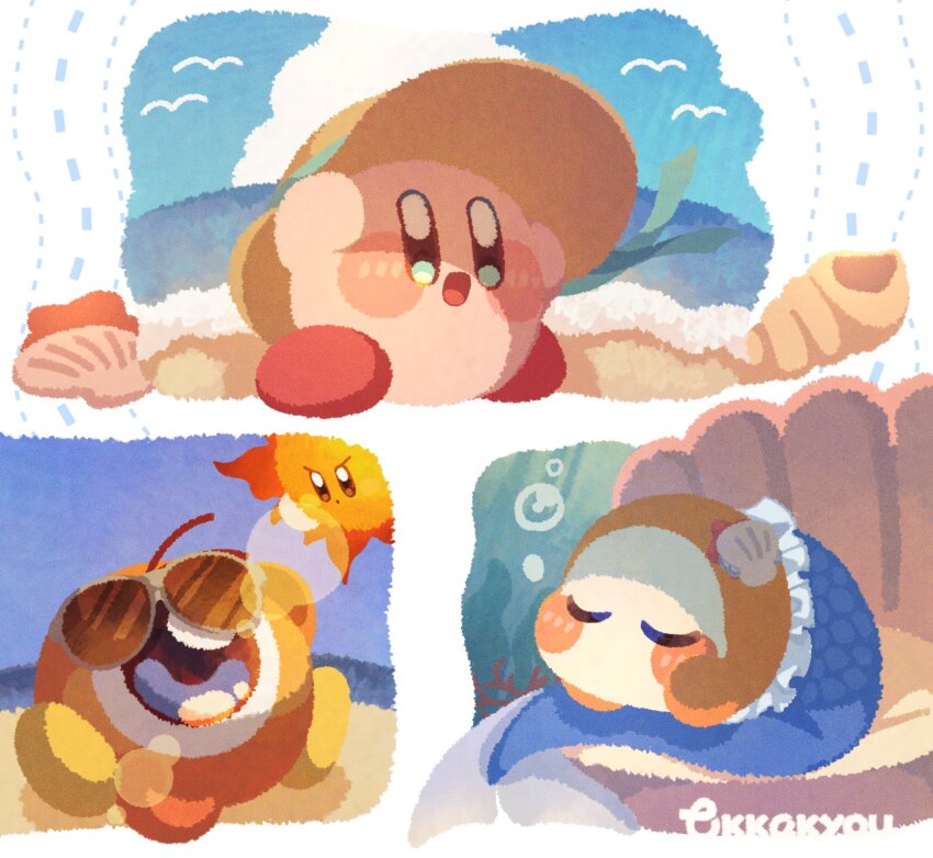 :d beach blue_eyes blush_stickers brown_hat clam_shell cloud commentary day fins fish_tail hat highres kirby kirby_(series) nintendo no_humans open_mouth outdoors signature smile summer sun sun_hat tail tokkakyou waddle_dee waddle_doo