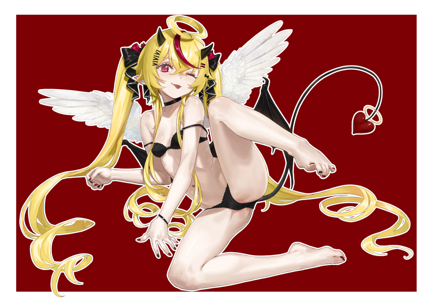 1girl agemmata alternate_costume alternate_hairstyle alternative_version_available black_bow black_bra black_horns black_panties blonde_hair bow bra crossed_bangs demon_tail feathered_wings feet full_body hair_between_eyes hair_bow hair_ornament hair_spread_out hairclip horns long_sidelocks lying multicolored_hair nail_polish one_eye_closed one_leg_raised panties phase_connect pointy_ears red_background red_bow red_eyes red_hair remilia_nephys solo spread_toes streaked_hair tail tail_ornament toe-point toenail_polish toenails toes tongue tongue_out underwear very_long_sidelocks virtual_youtuber white_wings wiggling_toes wings wink