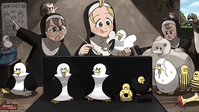 3girls :o :p animal animal_on_head ant apple apple_core basin bird blonde_hair blue_eyes bodypaint brown_eyes brown_hair bug chicken chicken_feet clumsy_nun_(diva) commentary diva_(hyxpk) duck duckling english_commentary food frog froggy_nun_(diva) fruit glasses glasses_nun_(diva) habit hanging_plant hedgehog hedgehog_on_head highres insect little_nuns_(diva) multiple_girls nervous_sweating nun on_head ostrich painting_(action) pointing poster_(object) round_eyewear slice_of_life statue striped sweat tongue tongue_out topknot traditional_nun vertical_stripes washing