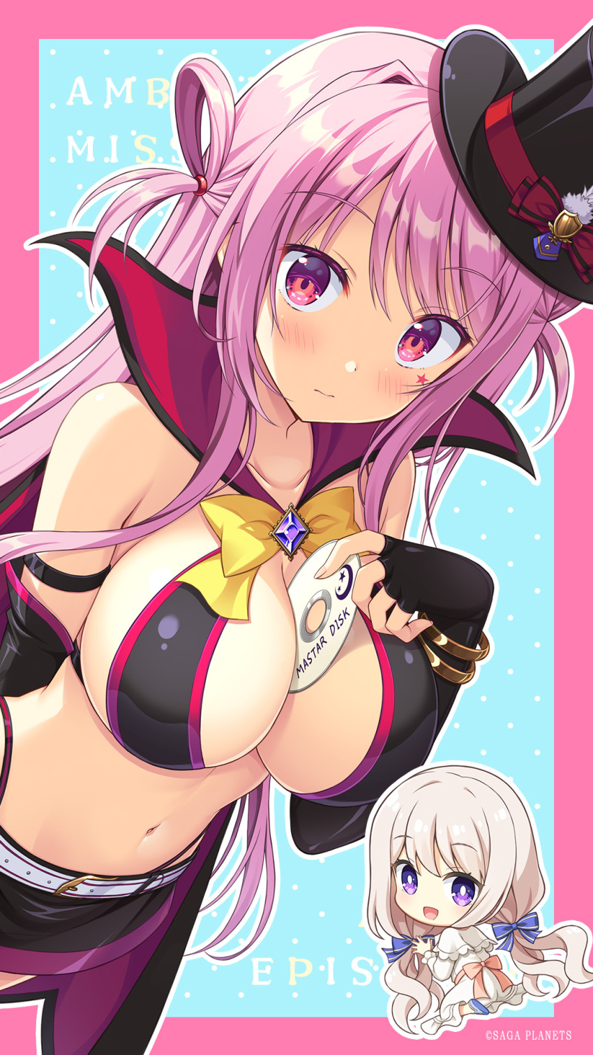 2girls :d ambitious_mission arise_atena arise_kaguya bare_shoulders between_breasts black_gloves black_hat black_skirt black_trim blue_background blue_bow blush border bow bowtie bracelet breasts bright_pupils cd chibi chibi_inset cleavage cloak closed_mouth collarbone company_name copyright_name cowboy_shot dress dutch_angle elbow_gloves eyelashes eyes_visible_through_hair fingerless_gloves frown gem gloves hair_bow hair_rings hat hat_bow hat_feather heart highres holding_cd jewelry large_breasts long_hair looking_at_viewer mini_hat mini_top_hat miniskirt moribe_(rabumanyo) multiple_girls navel official_art official_wallpaper open_mouth outline phantom_thief picpicgram pink_border pink_hair purple_eyes purple_gemstone red_bow red_cloak red_eyes shy sidelocks skirt smile solo_focus star_(symbol) star_on_cheek star_print straight_hair swept_bangs top_hat two_side_up very_long_hair white_dress white_outline white_pupils yellow_bow yellow_bowtie