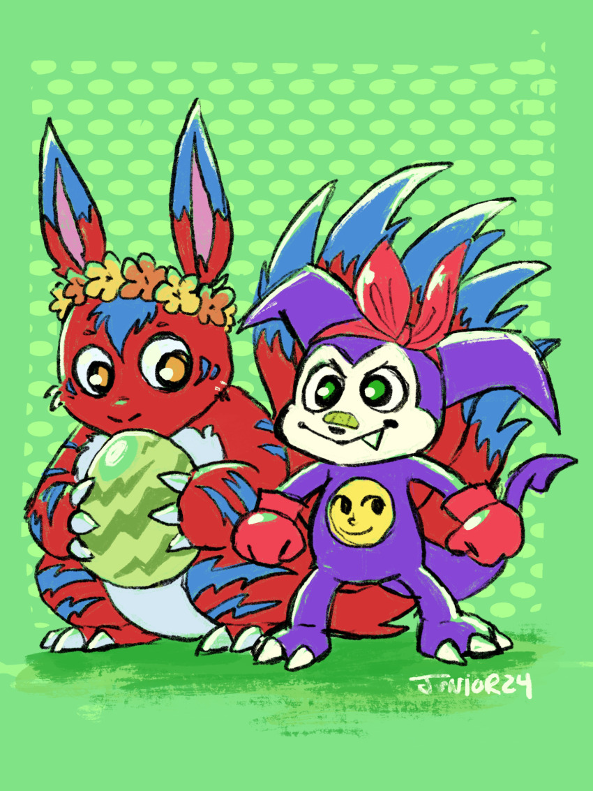 absurdres digimon digimon_(creature) digitama egg elecmon flower highres impmon looking_at_viewer smile tail
