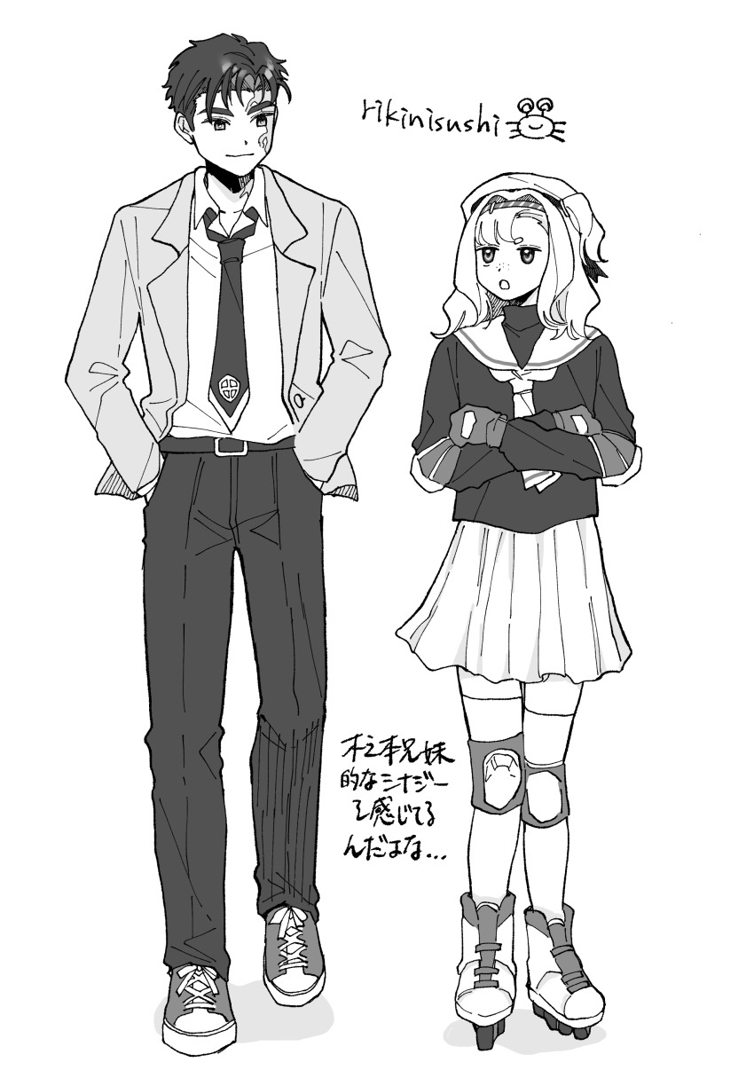 1boy 1girl :o absurdres artist_name beret blazer burn_scar cardcaptor_sakura crossed_arms elbow_pads freckles full_body gloves greyscale hand_in_pocket hat highres j_(reverse:1999) jacket knee_pads long_sleeves looking_at_another looking_to_the_side matilda_bouanich medium_hair miniskirt monochrome necktie one_side_up pants pleated_skirt reverse:1999 rikini_sushi roller_skates sailor_collar scar scar_on_face school_uniform serafuku shirt shoes short_hair side-by-side skates skirt smile sneakers standing thighhighs tomoeda_elementary_school_uniform tomoeda_high_school_uniform tomoeda_middle_school_uniform translation_request walking white_shirt