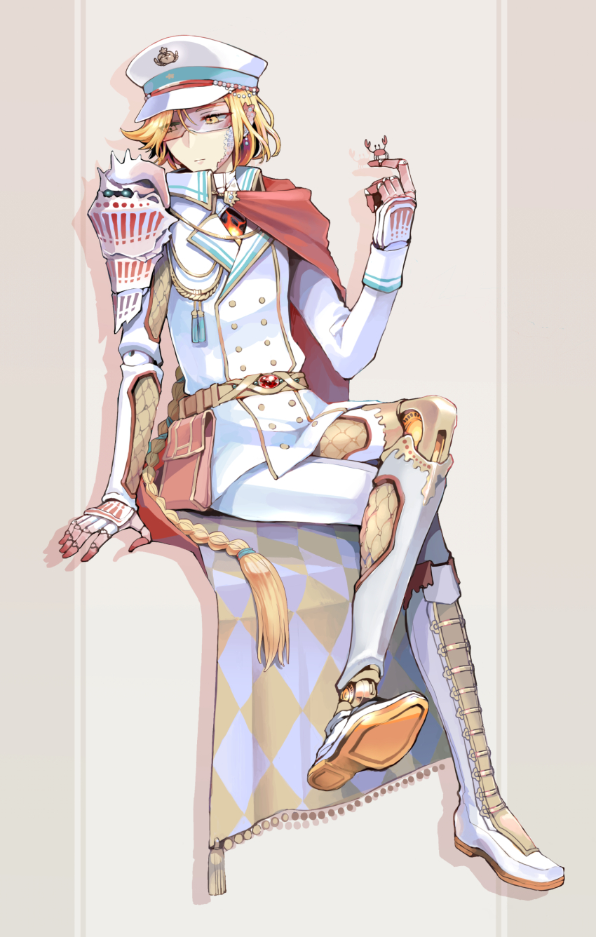 1boy absurdres aiguillette alternate_costume animal_on_finger argyle_cape argyle_clothes arm_support armor asymmetrical_clothes belt_pouch blonde_hair boots braid brown_background buttons cape chest_jewel closed_mouth collared_jacket colored_shoe_soles conch crab crab_in_orange_(the_tale_of_food) crossed_legs cyborg double-breasted drop_shadow earrings expressionless fold-over_boots full_body gold_belt hat highres invisible_chair jacket jewelry joints kuroiroichigo lapels long_hair long_sleeves looking_to_the_side male_focus mechanical_arms mechanical_legs military_hat military_uniform pants parted_bangs pauldrons peaked_cap pouch red_cape robot_ears robot_joints safety_glasses scales seashell shell shirt shoulder_armor side_cape single_boot single_braid single_pantsleg single_pauldron single_sleeve sitting sleeve_cuffs solo tassel the_tale_of_food two-sided_cape two-sided_fabric very_long_hair white_boots white_hat white_jacket white_pants white_shirt