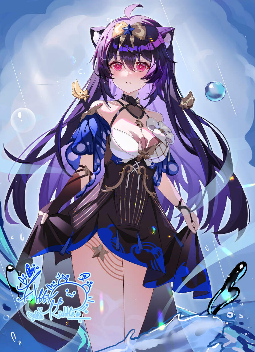 1girl abby_riddle absurdres ahoge animal_ears bare_shoulders black_dress black_hair bow breasts cat_ears chinese_commentary cleavage commentary commentary_request dress english_commentary feet_out_of_frame hair_between_eyes hair_bow hair_ornament highres honkai_(series) honkai_impact_3rd long_hair looking_to_the_side medium_breasts mixed-language_commentary multicolored_dress parted_lips red_eyes seele_(alter_ego) seele_vollerei seele_vollerei_(magic_girl_seele) seele_vollerei_(starchasm_nyx) signature skirt_hold solo wading water