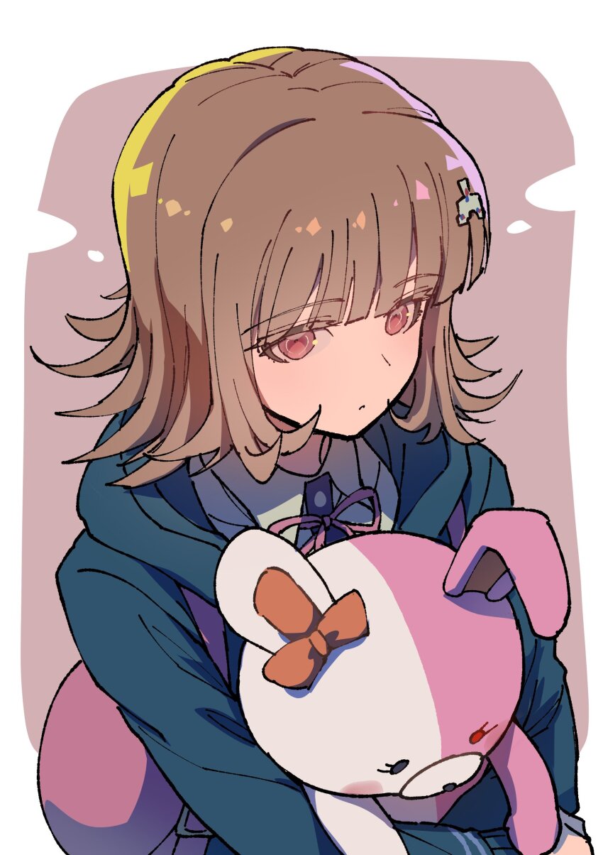1girl absurdres animal_bag black_jacket brown_hair cat_bag danganronpa_(series) danganronpa_2:_goodbye_despair flipped_hair grey_background hair_ornament highres hood hood_down jacket medium_hair monomi_(danganronpa) nanami_chiaki neck_ribbon pink_background pink_bag pink_eyes ribbon shirt solo spaceship_hair_ornament upper_body white_background youko-shima