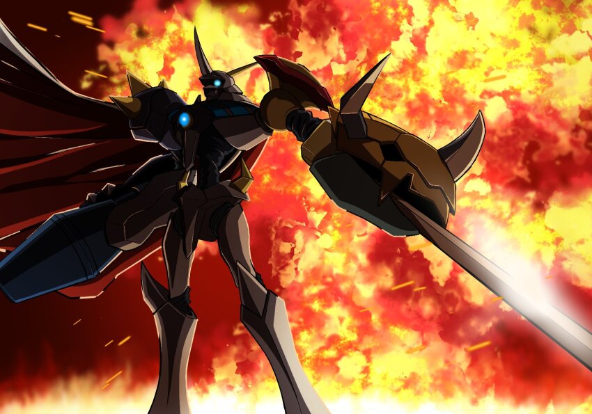 arm_blade arm_cannon asymmetrical_dual_wielding blue_eyes cape chest_jewel commentary cowboy_shot digimon digimon_(creature) dual_wielding energy_cannon explosion glowing glowing_eyes highres holding manchi_kansuke mecha omegamon red_cape robot shadow solo standing sword symbol-only_commentary weapon