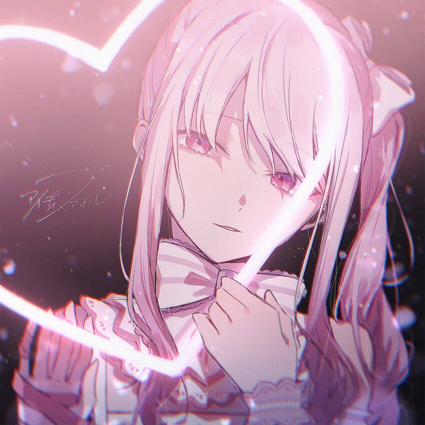 1other akiyama_mizuki androgynous bow bowtie commentary_request dot_nose hands_up heart highres id_smile_(vocaloid) jishio long_hair looking_at_viewer parted_lips pink_eyes pink_hair project_sekai side_ponytail sidelocks