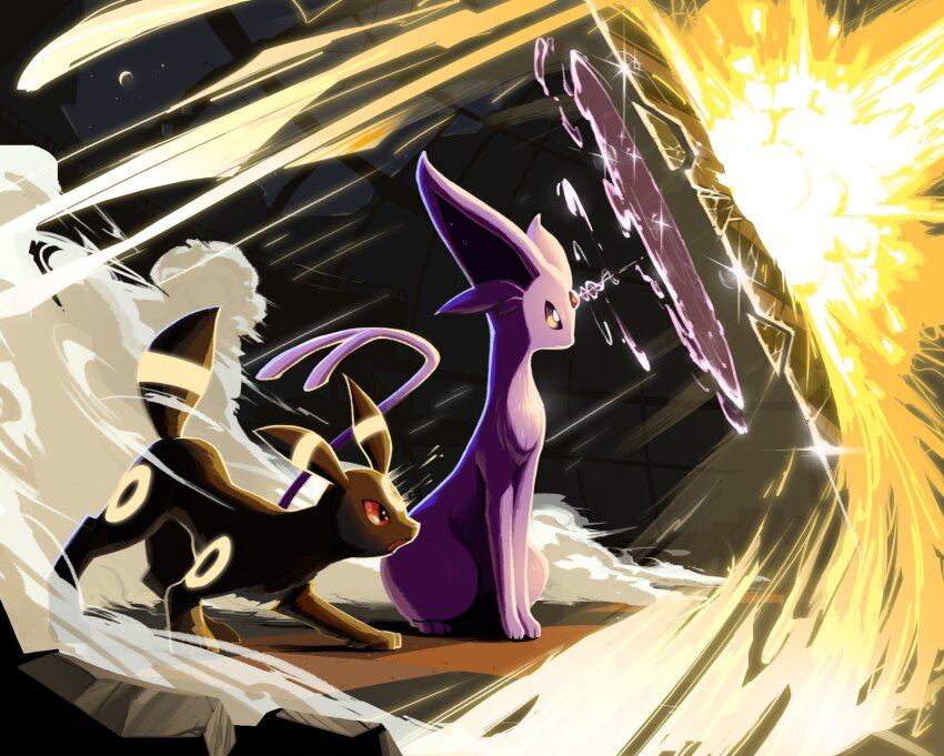 closed_mouth crescent_moon energy_barrier energy_blast espeon forehead_jewel forked_tail full_body gen_2_pokemon highres jak_(jaksinart) moon nintendo no_humans pokemon pokemon_(creature) red_eyes sitting tail umbreon yellow_eyes