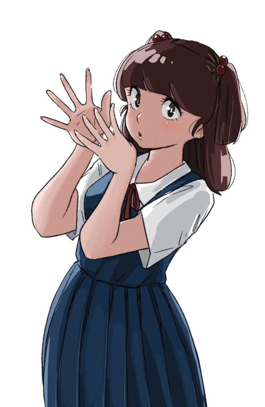 beads blush brown_eyes brown_hair hands_up highres long_skirt maison_ikkoku parted_lips poppowerhearts sailor sailor_collar short_twintails simple_background skirt twintails white_background yagami_ibuki