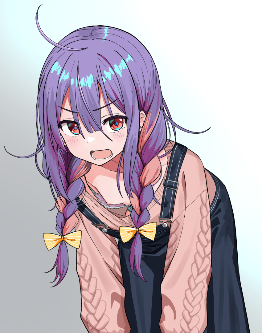 1girl absurdres ahoge blue_overalls blush bow bra braid breasts brown_sweater collarbone downblouse gradient_background hair_between_eyes hair_bow hair_over_shoulder highres leaning_forward long_hair long_sleeves looking_at_viewer lower_teeth_only messy_hair multicolored_hair nipple_slip nipples open_mouth original overalls purple_hair red_eyes sidelocks small_breasts solo striped_bow sweater teeth twin_braids two-tone_hair underwear urushiushiru v-shaped_eyebrows yellow_bow