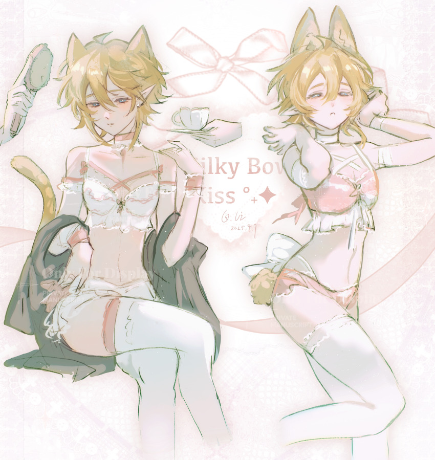 1boy absurdres alternate_costume animal_ears aotu_world blonde_hair blue_eyes blush bow bra breasts cat_boy cat_ears cat_tail chinese_text choker cleavage collarbone crossdressing cup english_text frills hair_between_eyes half-closed_eyes highres holding jacket jacket_partially_removed kemonomimi_mode king_(aotu_world) lingerie midriff multiple_views navel panties parted_lips plutoray pointy_ears ribbon short_hair shorts sitting tail teacup thighhighs trap underwear watermark white_choker white_thighhighs