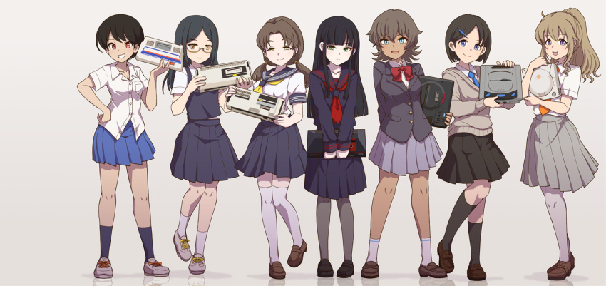 6+girls black_hair black_serafuku blazer blue_necktie bow bowtie brown_hair cardigan commentary_request expressionless full_body game_console glasses half-closed_eyes jacket loafers long_hair multiple_girls neckerchief necktie original pale_skin pantyhose pleated_skirt ponytail red_neckerchief satomura_kyou school_uniform sega sega_dreamcast sega_mark_iii sega_master_system sega_mega_drive sega_saturn sega_sg-1000 sega_sg-1000_ii serafuku shoes short_hair skirt smile sneakers socks tan thighhighs zettai_ryouiki
