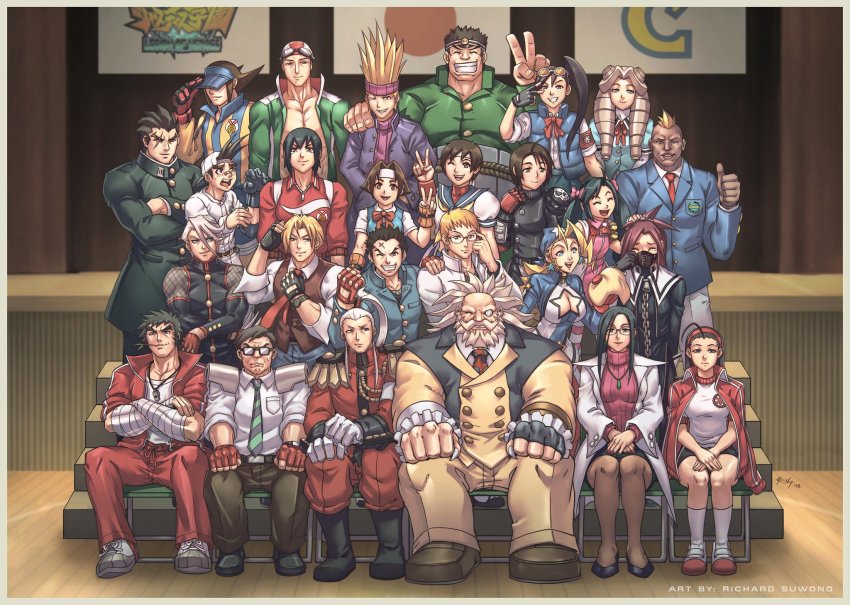 6+boys 6+girls adjusting_clothes adjusting_headwear ahoge artist_name ayuhara_natsu backwards_hat ball bandaged_hand bandages baseball_cap beard biker_clothes bikesuit black_hair blonde_hair bodysuit boman_delgado boxing_gloves brother_and_sister brothers brown_hair brown_legwear capcom chain cleavage_cutout clothing_cutout crying dark_skin drill_hair epaulettes everyone eyewear_on_head facial_hair fingerless_gloves fishnets glasses gloves goggles goggles_on_head hairband hat headband hibiki_ran highres himezaki_aoi ichimonji_batsu iinchou_(justice_gakuen) imawano_hyou imawano_raizou isurugi_gan jacket japanese_flag jewelry justice_gakuen kagami_kyousuke karuizawa_momo kasugano_sakura kazama_akira kazama_daigo kirishima_kurou kirishima_yurika lab_coat logo mask minazuki_kyouko moero!_justice_gakuen mohawk monocle multiple_boys multiple_girls namikawa_nagare necklace necktie nekketsu_hayato pacific_high_school_uniform pantyhose ponytail purple_sweater red_hair ribbed_sweater richard_suwono roberto_miura roy_bromwell sawamura_shouma scar scar_across_eye scar_on_face school_uniform shimazu_hideo shiritsu_justice_gakuen siblings socks sportswear street_fighter sunglasses sweater swim_cap taiyou_gakuen_uniform tears tennis_ball thumbs_up tiffany_lords track_jacket twin_drills twintails v visor volleyball_uniform wakaba_hinata whistle whistle_around_neck white_legwear yamada_eiji