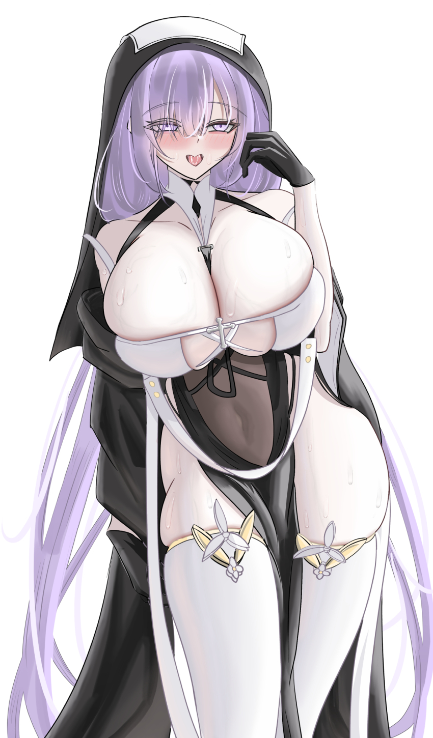 1girl azur_lane black_gloves blush breasts cleavage cosplay covered_navel gloves hand_up highres huge_breasts implacable_(azur_lane) implacable_(azur_lane)_(cosplay) long_hair looking_at_viewer mogador_(azur_lane) nun painamedaikanpa pelvic_curtain purple_eyes purple_hair simple_background skindentation solo sweat thighhighs tongue tongue_out very_long_hair white_background white_thighhighs