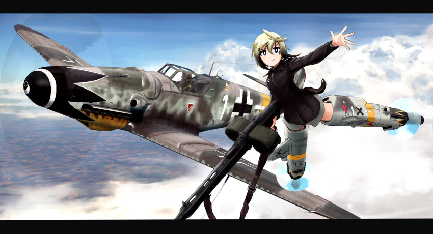 1girl 1other aircraft airplane balkenkreuz bf_109 black_eyes black_hair black_jacket blonde_hair blue_sky blurry blurry_background bright_pupils closed_mouth cloud cloudy_sky cross day depth_of_field double-drum_magazine drum_magazine dual_drum_magazine erica_hartmann flying gradient_hair gun gun_sling high-capacity_magazine highres holding holding_gun holding_weapon jacket kk90 letterboxed long_sleeves looking_at_viewer machine_gun magazine_(weapon) mg42 military military_uniform military_vehicle motion_blur multicolored_hair no_pants outdoors personification propeller_fighter roundel saddle-drum scenery short_hair sky smirk strike_witches striker_unit tail two-tone_hair v-shaped_eyebrows vehicle_and_personification vehicle_focus weapon white_pupils world_witches_series