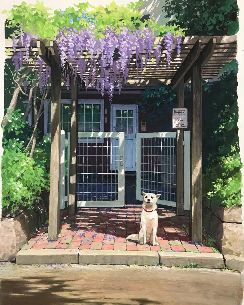building commentary day dog door english_commentary flower gate highres house nishikawa_youichi no_humans original outdoors plant purple_flower scenery sitting window
