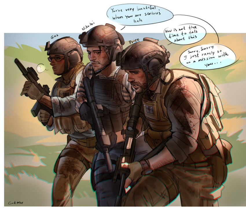 3boys ammunition_pouch beard black_gloves black_pants brown_facial_hair brown_gloves brown_jacket brown_pants bulletproof_vest call_of_duty call_of_duty:_modern_warfare_2 captain_price character_name collared_jacket combat_helmet copyright_name dark-skinned_male dark_skin english_text facial_hair fast_helmet fingerless_gloves gaz_(call_of_duty_4) gloves grey_jacket gun helmet highres holding holding_gun holding_weapon jacket looking_at_another male_focus military_combat_uniform military_fatigues military_jacket military_uniform multiple_boys nikolai_(modern_warfare) pants pouch sasha_shkret shirt short_hair striped_clothes striped_shirt watch weapon white_shirt wristwatch