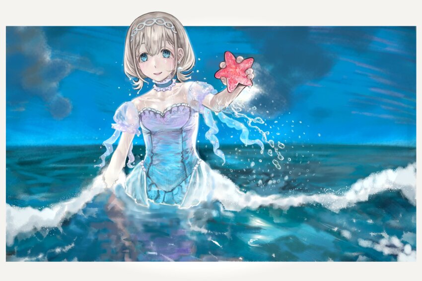 1girl animal arm_at_side bare_shoulders blue_choker blue_dress blue_eyes blue_sky border breasts brown_hair choker cloud collarbone day dress earrings gradient_clothes gradient_dress hairband hand_up highres holding holding_animal idolmaster idolmaster_shiny_colors jewelry looking_at_viewer low_twintails ocean off-shoulder_dress off_shoulder open_mouth outdoors outside_border partially_submerged puffy_short_sleeves puffy_sleeves see-through_clothes see-through_sleeves serizawa_asahi short_hair short_sleeves short_twintails sky small_breasts smile solo standing starfish stud_earrings twintails waves white_border white_hairband yamaichi_(yama3ichi4)