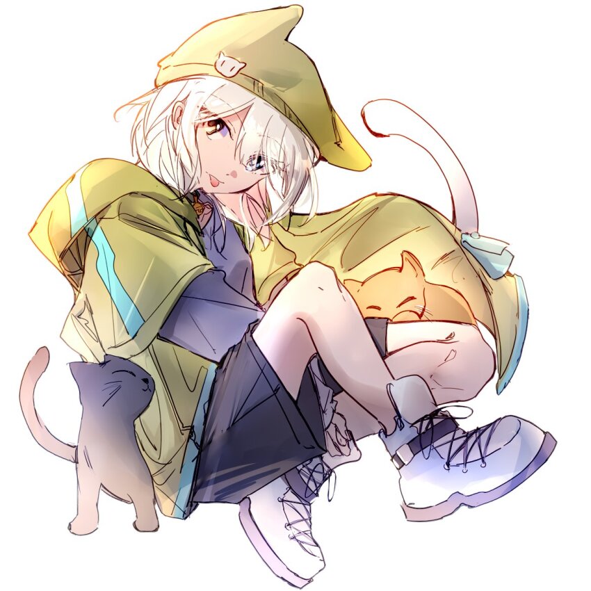1girl animal_ears bang_dream! bang_dream!_it&#039;s_mygo!!!!! black_shorts blue_eyes cat cat_ears cat_tail grey_shirt hat heterochromia hibioes jacket kaname_raana kemonomimi_mode looking_at_viewer open_clothes open_jacket raana_the_cat shirt shoes shorts simple_background solo tail tongue tongue_out white_background white_shoes yellow_eyes yellow_hat yellow_jacket