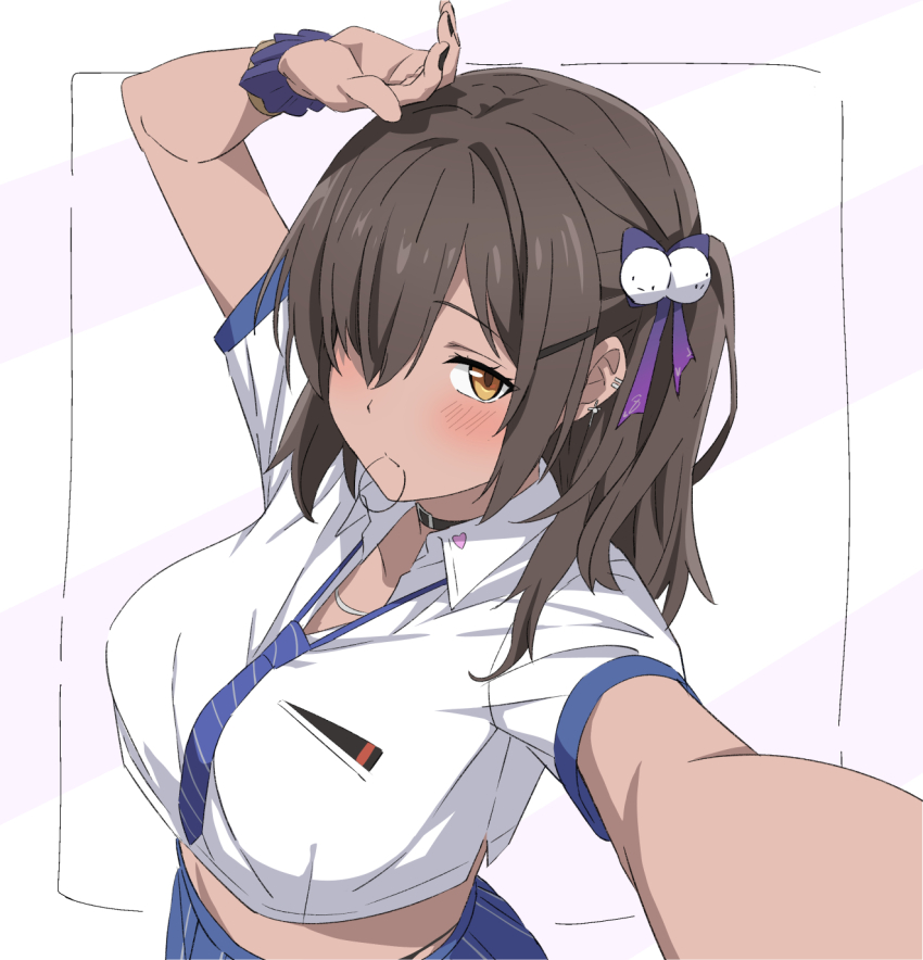 1girl arms_up blush breasts brown_eyes brown_hair collared_shirt dark-skinned_female dark_skin goddess_of_victory:_nikke hair_over_one_eye hair_tie_in_mouth hatenoga highres jewelry large_breasts long_hair looking_at_viewer mouth_hold naga_(nikke) necktie scrunchie selfie shirt side_ponytail skirt white_shirt wrist_scrunchie
