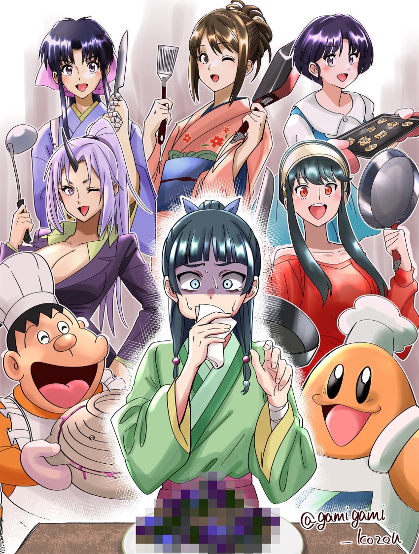 1boy 6+girls apron arched_bangs artist_name bandaged_arm bandaged_fingers bandages bare_shoulders black_hair black_horns blue_bow blue_dress blue_eyes blue_hair blue_sash blush bow breasts brown_eyes brown_hair censored censored_food chef_hat chef_kawasaki chinese_clothes cleavage collared_dress commentary cooking_pot covering_own_mouth cracker crossover curtained_hair doraemon dress floral_print floral_print_kimono food formal_clothes freckles frilled_apron frills frying_pan gamigami_maou_(artist) gintama gouda_takeshi green_hanfu hair_bobbles hair_bow hair_bun hair_ornament hair_over_shoulder hairband hand_up handkerchief hands_up hanfu hat high_ponytail highres holding holding_cooking_pot holding_frying_pan holding_handkerchief holding_knife holding_ladle holding_spatula holding_tray horns horrified japanese_clothes kamiya_kaoru kimono kirby_(series) kitchen_knife knife kusuriya_no_hitorigoto ladle large_breasts long_hair long_sidelocks looking_at_food looking_at_viewer makiyakinabe maomao_(kusuriya_no_hitorigoto) medium_breasts multiple_girls nintendo obi obiage off-shoulder_shirt off_shoulder one_eye_closed oni open_mouth orange_shirt outline oven_mitts pink_bow pink_eyes pink_kimono plate poison ponytail print_kimono purple_eyes purple_hair purple_kimono purple_suit ranma_1/2 red_eyes red_shirt rurouni_kenshin sash shimura_tae shion_(tensura) shirt short_hair sidelocks single_horn smile spatula spy_x_family standing suit sweat swept_bangs table tendou_akane tensei_shitara_slime_datta_ken toque_blanche trait_connection tray triangle_mouth turn_pale twitter_username two-tone_dress white_apron white_dress white_hat white_outline wide-eyed wide_sleeves yor_briar