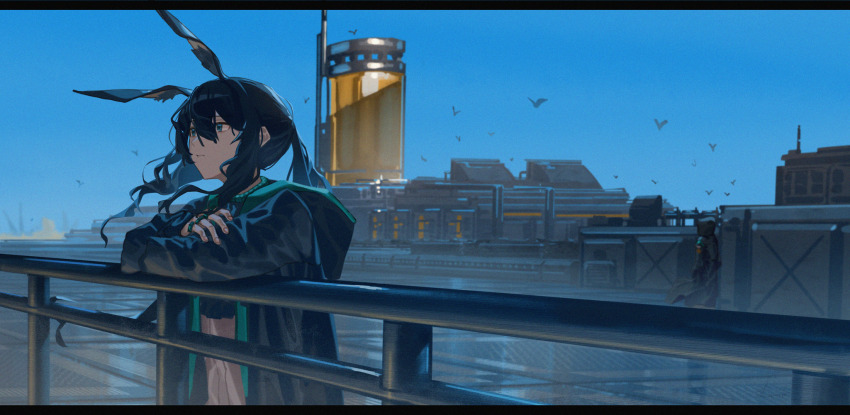 1girl 1other amiya_(arknights) animal_ears arknights black_hair black_jacket blue_eyes blue_sky chinese_commentary commentary crossed_arms day doctor_(arknights) fingernails hair_between_eyes highres hood hood_down hood_up hooded_jacket jacket jewelry lanzi_(415460661) letterboxed long_hair long_sleeves looking_afar looking_ahead outdoors parted_lips railing rhodes_island_landship ring simple_bird sky standing wind