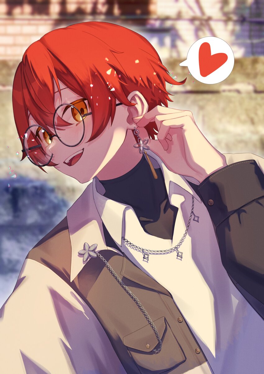 1boy absurdres collared_shirt earrings glasses hanasaki_miyabi hanasaki_miyabi_(7th_costume) heart highres holostars jewelry looking_at_viewer male_focus necklace noookaaa open_mouth outdoors red_hair round_eyewear shirt short_hair sidelighting smile solo speech_bubble spoken_heart teeth upper_body upper_teeth_only virtual_youtuber white_shirt yellow_eyes