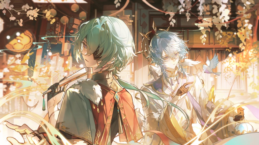 2boys absurdres anaxa_(honkai:_star_rail) aqua_hair architecture bird black_gloves blue_hair capelet chinese_clothes chinese_commentary commentary_request earrings east_asian_architecture feathered_wings fur-trimmed_capelet fur_trim gloves grey_hair hair_between_eyes half_gloves halo halo_behind_head hand_fan head_wings highres holding holding_fan honkai:_star_rail honkai_(series) iron_hailai jewelry long_hair looking_at_animal looking_at_viewer looking_back low_ponytail mandarin_collar medium_hair multicolored_eyes multiple_boys multiple_rings outdoors parted_lips ponytail purple_eyes red_capelet ring shirt single_glove sunday_(honkai:_star_rail) tassel tassel_earrings two-tone_eyes white_shirt white_wings wide_sleeves wings yellow_eyes
