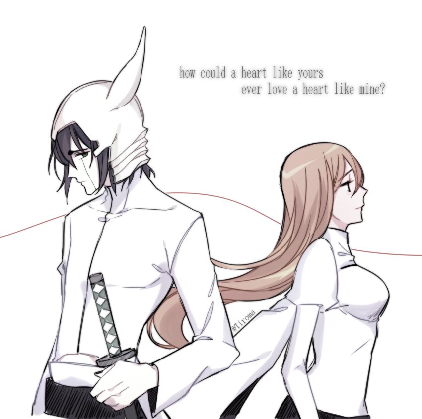 1boy 1girl black_hair bleach breasts english_text facial_mark hair_between_eyes helmet highres inoue_orihime juliet_sleeves katana long_hair long_sleeves medium_breasts orange_hair puffy_sleeves shirt short_hair string string_of_fate sweater sword tiroma turtleneck turtleneck_sweater twitter_username ulquiorra_cifer upper_body weapon white_background white_helmet white_shirt