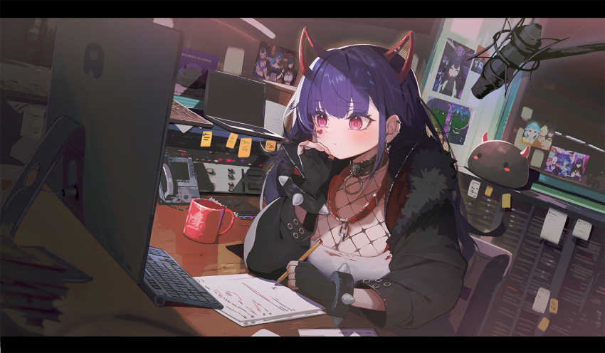 1girl akuma_nihmune akuma_nihmune_(demon_past) bao_(vtuber) bao_(vtuber)_(5th_costume) black_bra black_collar black_gloves black_jacket blush bra bracelet breasts coffee_mug collar computer cup daikazoku63 demon_horns fingerless_gloves fishnet_top fishnets fur-trimmed_jacket fur_trim gloves holding holding_pencil horns indie_virtual_youtuber jacket jewelry computer_keyboard laptop large_breasts long_hair microphone mole mole_under_eye mug paper pencil purple_hair red_eyes sanagi_yuzu shirt shylily shylily_(1st_costume) spiked_bracelet spikes underwear virtual_youtuber white_shirt