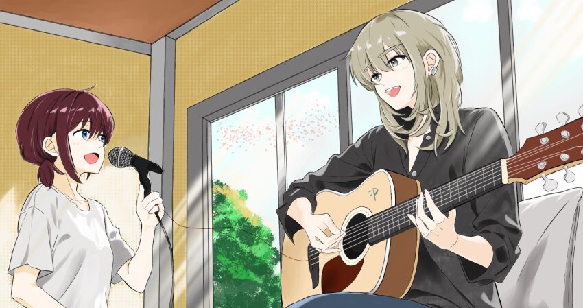 2girls acoustic_guitar black_shirt blue_eyes blush brown_hair collarbone commentary_request earclip girls_band_cry grey_eyes grey_hair guitar hair_between_eyes highres holding holding_microphone indoors instrument iseri_nina kawaragi_momoka long_hair low_twintails microphone momokan_1209 multicolored_hair multiple_girls music open_mouth playing_guitar playing_instrument roots_(hair) shirt short_hair short_sleeves short_twintails sidelocks singing sitting string string_of_fate teeth three-quarter_sleeves tree twintails upper_teeth_only white_shirt window wire