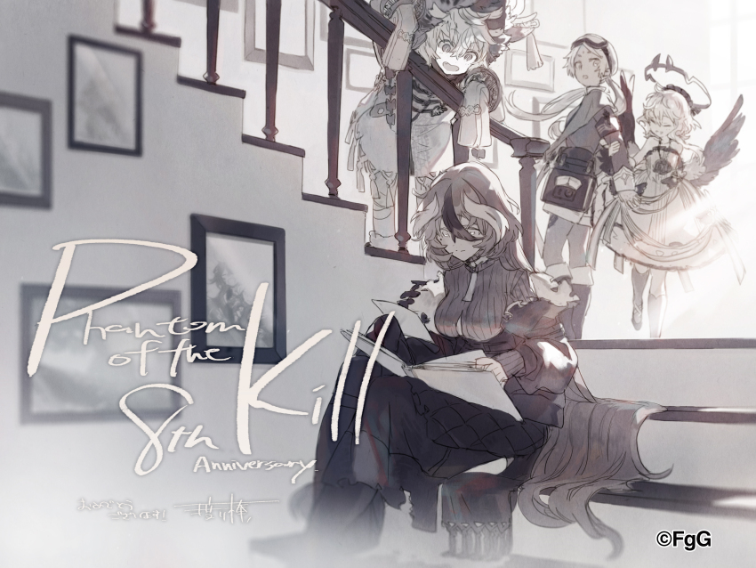 4girls absurdres anniversary artist_name closed_mouth dress gjallarhorn_(phantom_of_the_kill) goggles goggles_on_head grabbing_another&#039;s_arm grey_scales halo highres indoors long_hair looking_at_object low_wings mac_lir_(phantom_of_the_kill) mole mole_under_eye monochrome multiple_girls official_alternate_costume official_art open_mouth painting_(object) parashu phantom_of_the_kill second-party_source shu_(phantom_of_the_kill) signature sitting sitting_on_stairs sleeves_past_fingers sleeves_past_wrists smile stairs very_long_hair watarubou wings