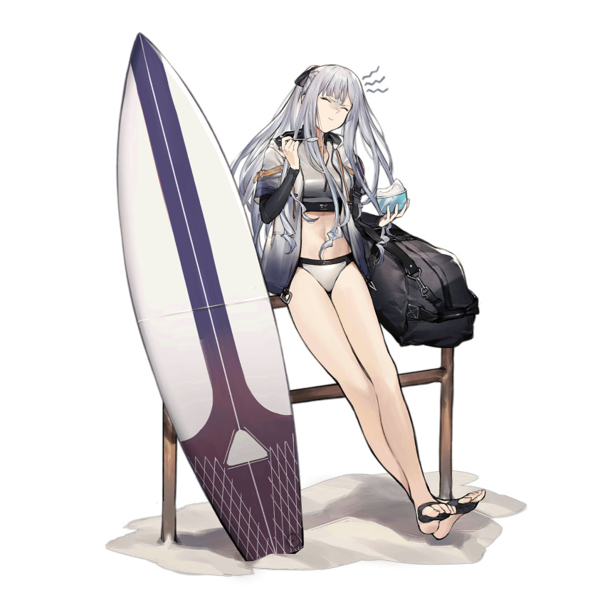 1girl ak-12_(age_of_slushies)_(girls&#039;_frontline) ak-12_(girls&#039;_frontline) bikini black_ribbon braid brain_freeze breasts closed_eyes closed_mouth crossed_legs cup curly_hair drinking_glass duoyuanjun eating feet feet_up food full_body girls&#039;_frontline grey_hair head_tilt highres holding holding_cup holding_spoon ice_cream jacket leaning legs long_hair long_sleeves medium_breasts navel no_shoes official_alternate_costume official_art outdoors ribbon sand shaved_ice sidelocks silver_bikini solo spoon squiggle strap surfboard swimsuit thighs third-party_source toeless_legwear toes transparent_background very_long_hair weapon_bag